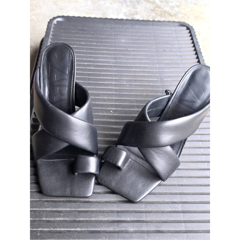 Zara Women Black Leather Square Toe Loop Padded Crossover Strap Mules Heels 40